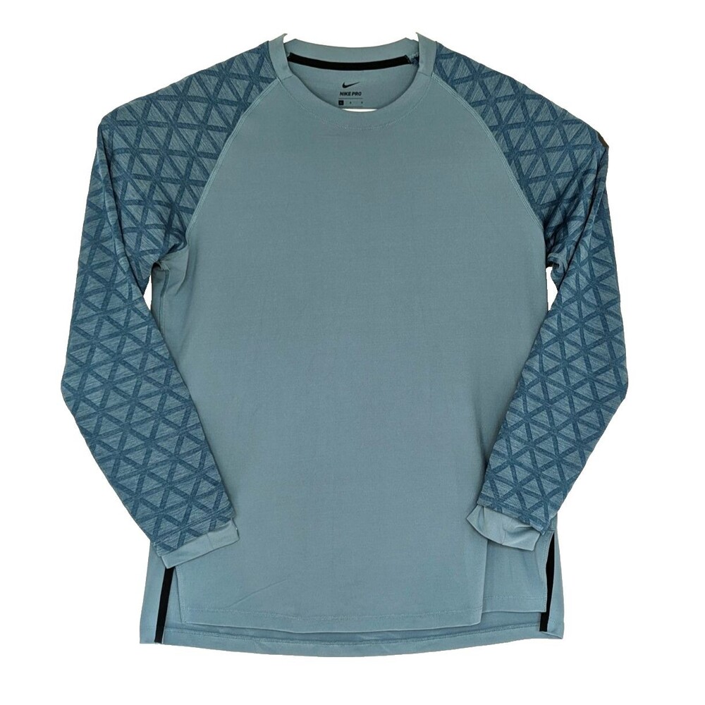 Nike Pro Therma Shirt Mens Large Fitted Compression Blue Mock Neck Long Sleeve